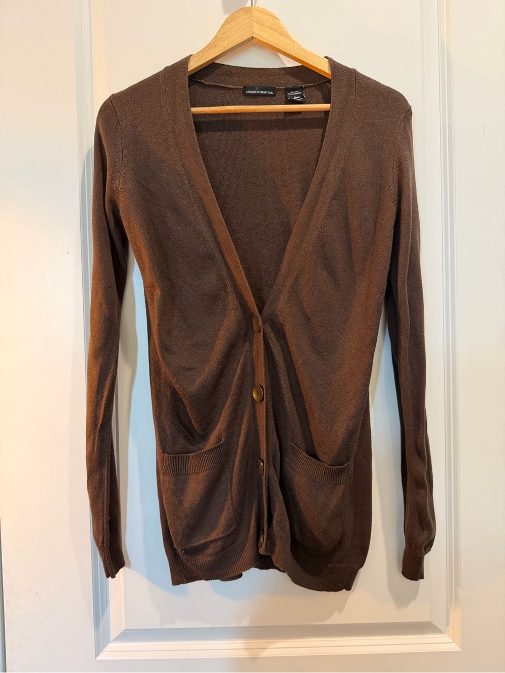Moda International Silk Cashmere Blend Brown‎ Button Front Cardigan Sweater Med